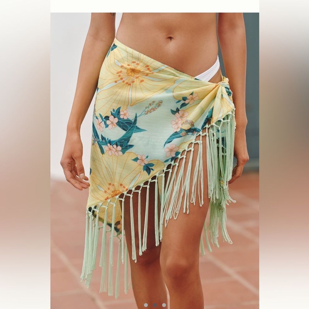 FARM Rio x Anthropologie Yellow Floral Sarong with Green Fringe - Picture 2 of 3